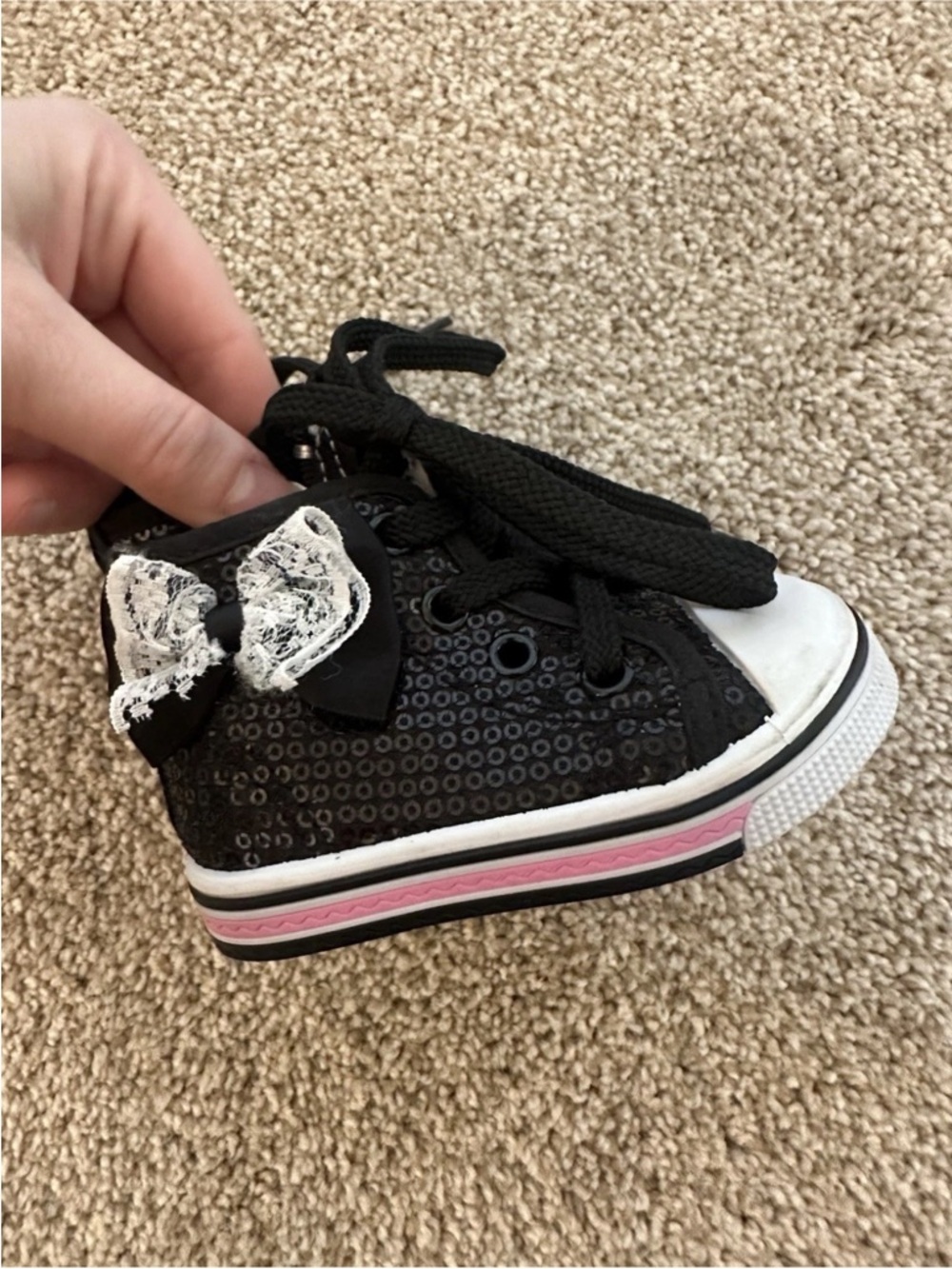Papos Toddler Black Sequin Lace Bow High-Top Sneaker size 2